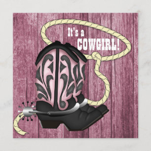 Invitation Baby shower cowgirl en bois rose