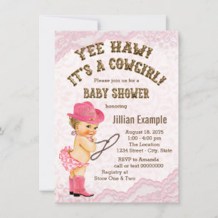 Invitation Baby shower cowgirl en dentelle rose