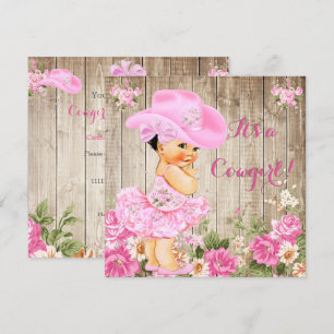 Invitation Baby Shower Cowgirl Fille Rose Bois Rustique Brune