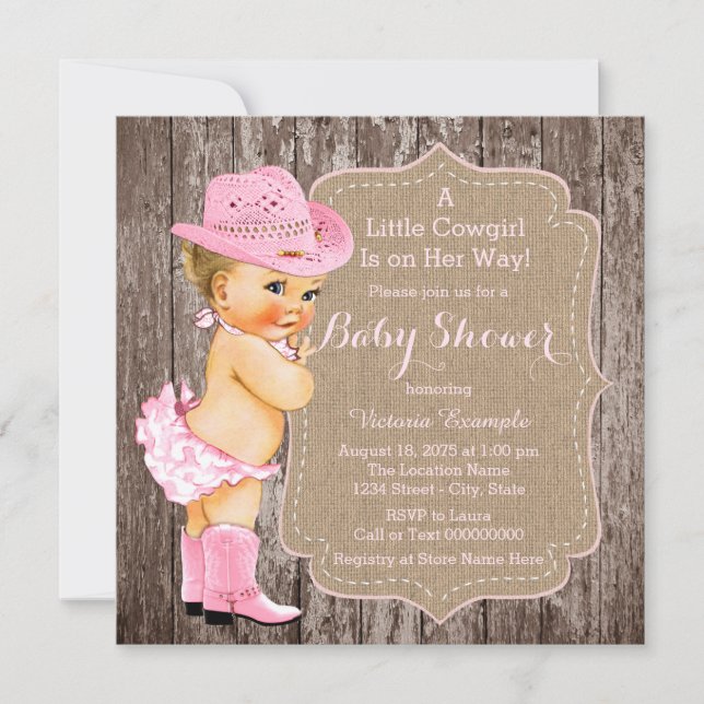 Invitation Baby Shower Cowgirl Rustique (Devant)
