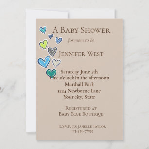 Invitation Baby shower Cream Blue Green Hearts