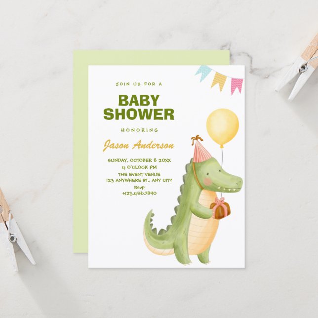 Invitation Baby shower crocodile mignon vert (Devant/Arrière en situation)