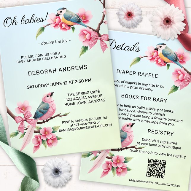 Invitation Baby shower Cute Birds Bow Twins (Gender neutral baby shower invitation with two pretty birds with bows on flower branches - QR code)