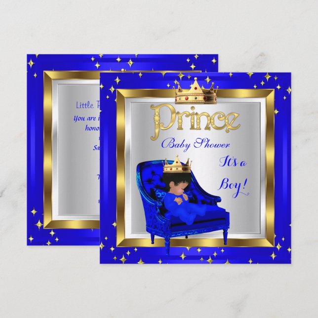 Invitation Baby shower Cute Boy Prince Royal Blue Chaise A (Devant / Derrière)
