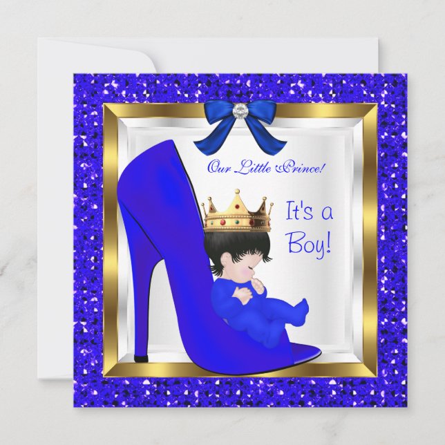 Invitation Baby shower Cute Boy Prince Royal Blue Crown (Devant)