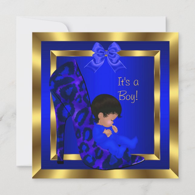 Invitation Baby shower Cute Boy Royal Blue Chaussure Leopard (Devant)