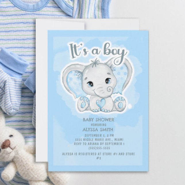Invitation Baby Shower Cute Éléphant Bleu Petit Garçon (Créateur téléchargé)