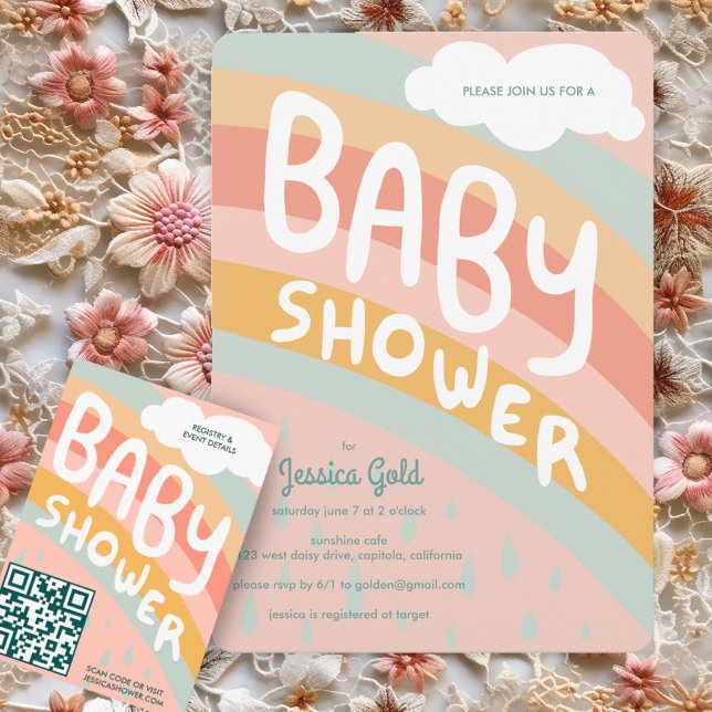 Invitation BABY SHOWER Cute Nuages Rainbow Pluie Custom (BABY SHOWER Cute Clouds Rainbow Rain Custom Invitation
Pink Pastel )