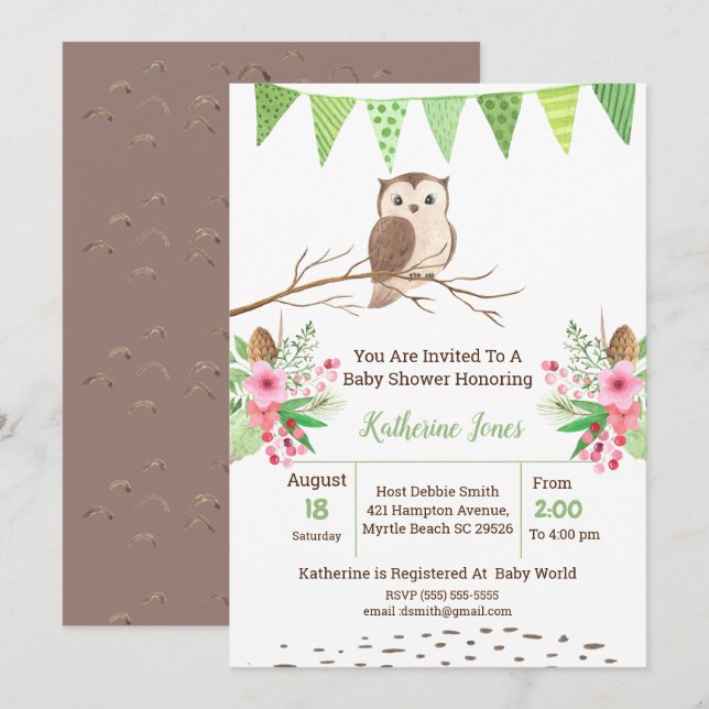 Invitation Baby shower Cute Owl Neutre Sexe (Devant / Derrière)