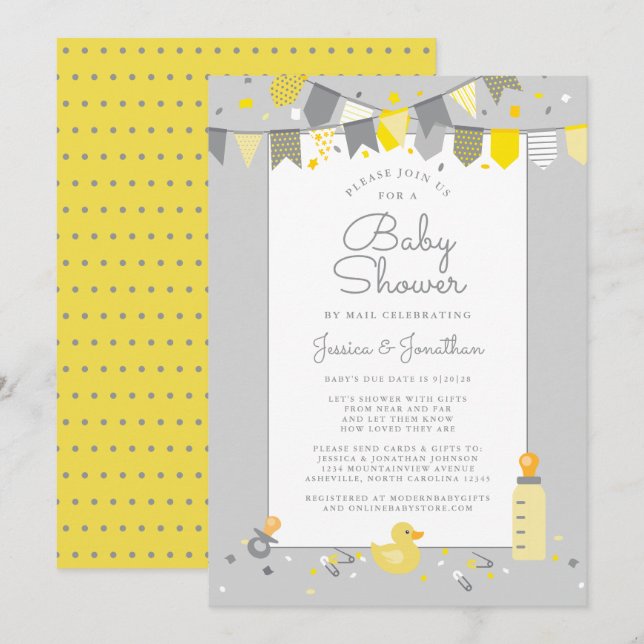 Invitation Baby Shower Cute par courrier Jaune Gris Moderne (Devant / Derrière)