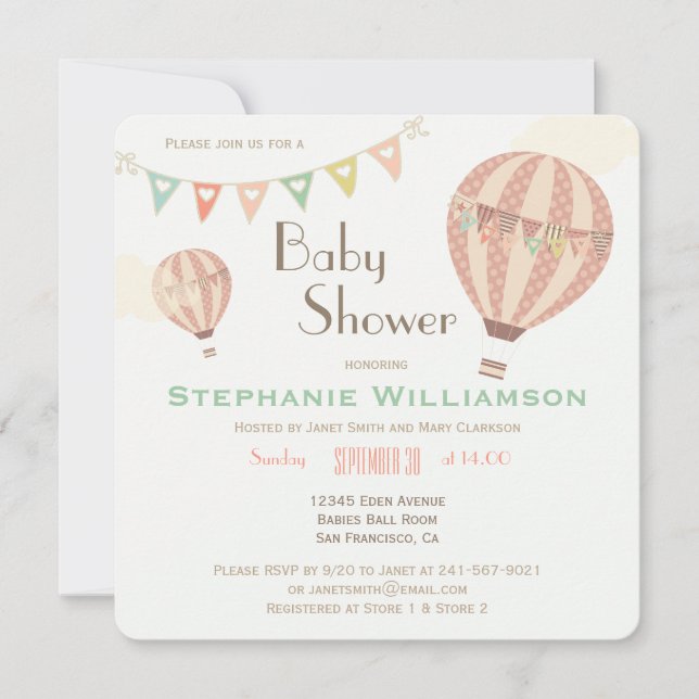 Invitation Baby shower Cute Pastel Bunting & Hot Air (Devant)