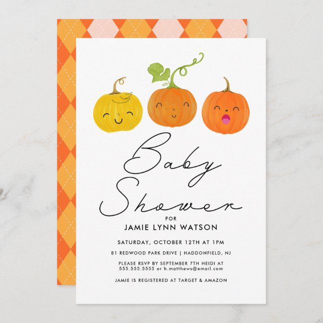 Invitation Baby shower | Cute Petit Citrouille (Devant / Derrière)