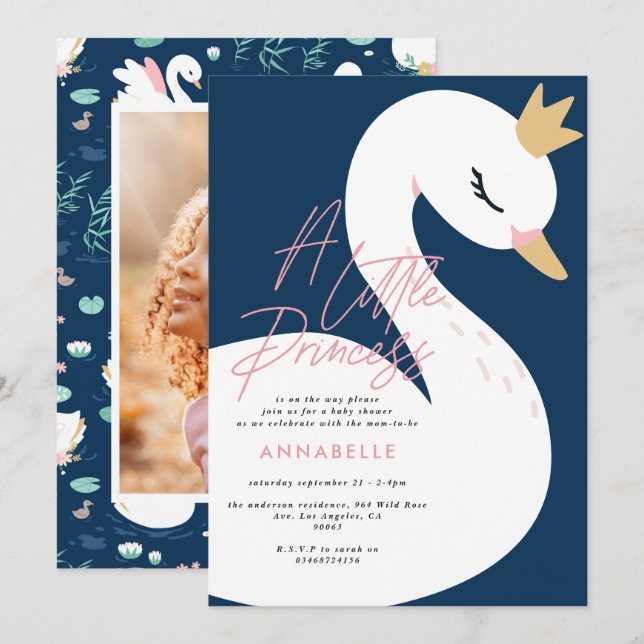 Invitation Baby shower cygne girly rose marine bleu mignon él (Devant / Derrière)