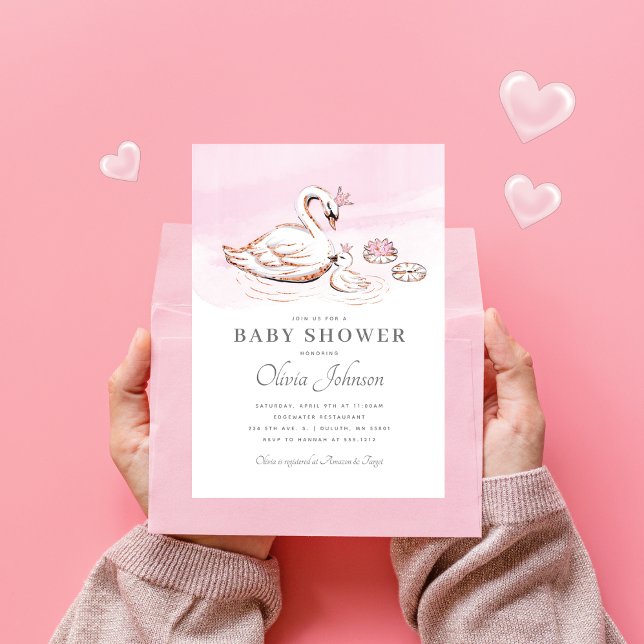 Invitation Baby shower cygne rose princesse modern (Créateur téléchargé)