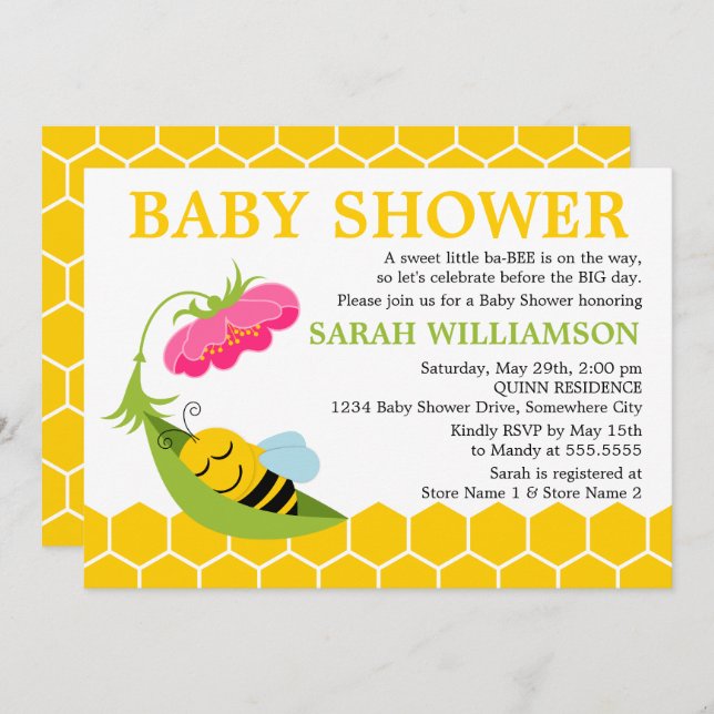 Invitation Baby shower d'abeilles (Devant / Derrière)