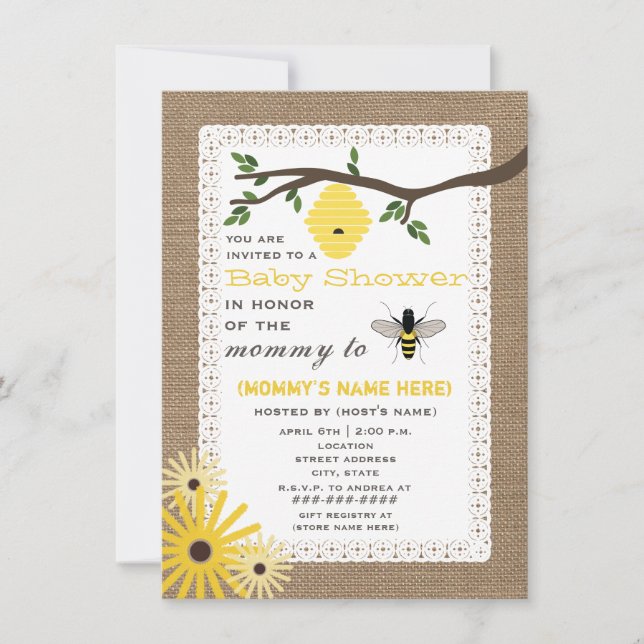 Invitation Baby shower d'abeilles au miel inspiré Burlap (Devant)