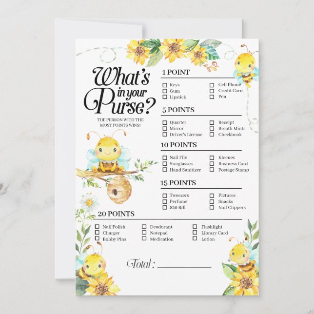 Invitation Baby shower d'abeilles Ce qu'il y a dans votre jeu (Devant)