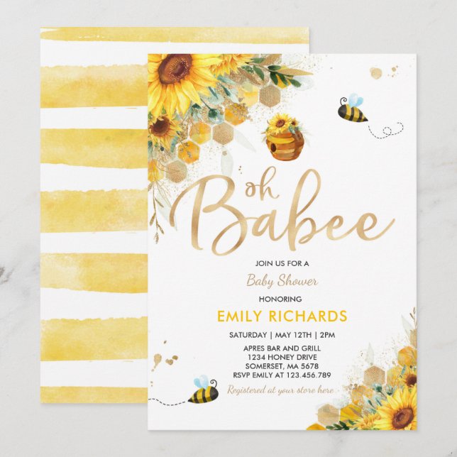 Invitation Baby shower d'abeilles Douche pour bébé florale ne (Devant / Derrière)