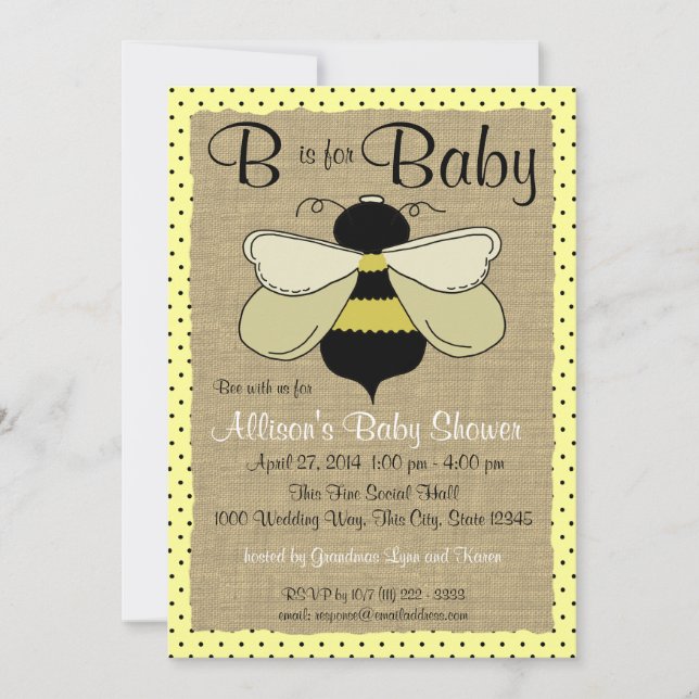 Invitation Baby shower d'abeilles et de burlap (Devant)