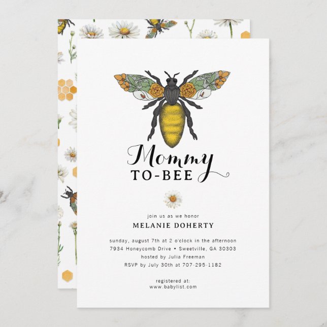 Invitation Baby shower d'abeilles | Fleur sauvage  (Devant / Derrière)