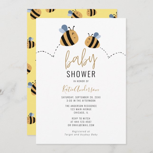 Invitation Baby shower d'abeilles mignonnes (Devant / Derrière)