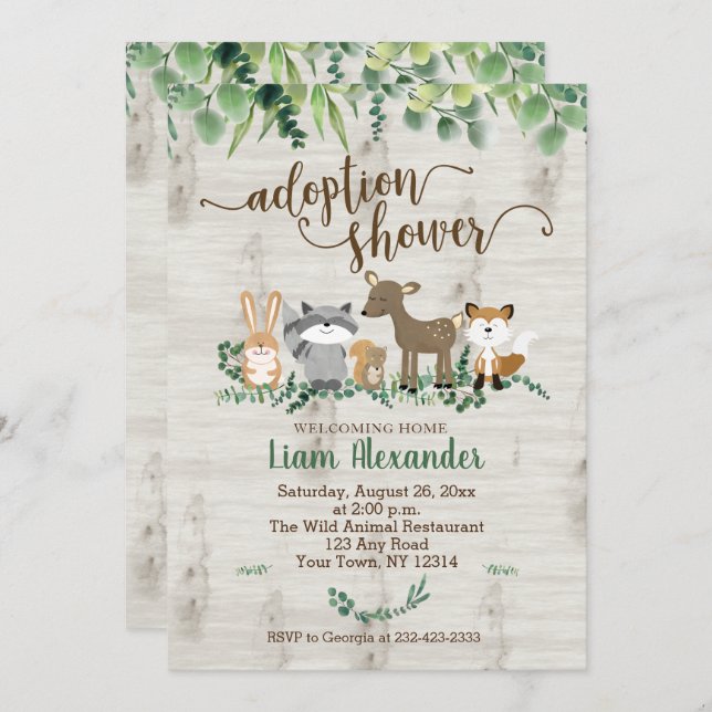 Invitation Baby shower d'adoption Animaux des bois (Devant / Derrière)