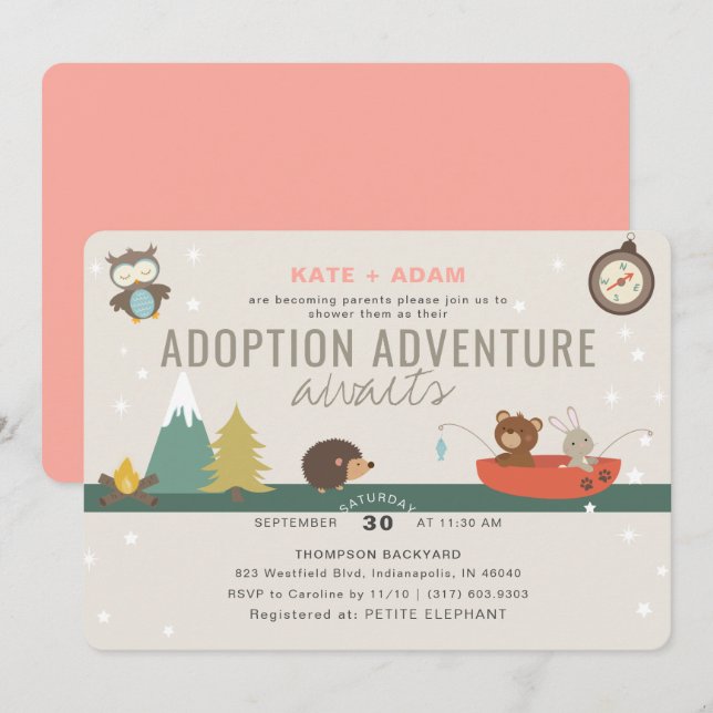 Invitation Baby shower d'adoption pour filles de Woodland Adv (Devant / Derrière)