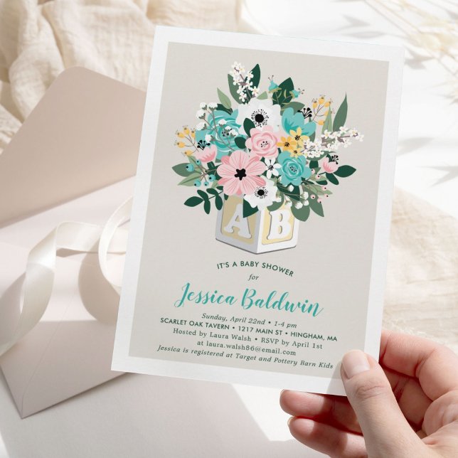 Invitation Baby shower d'agencement de fleurs à bloc pour béb (Créateur téléchargé)