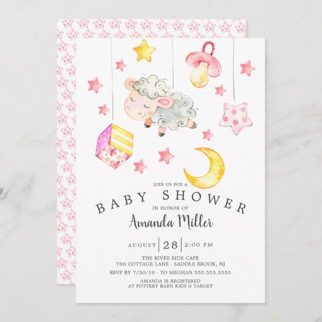 Invitation Baby shower d'agneau mobile pour bébé fille (Devant / Derrière)