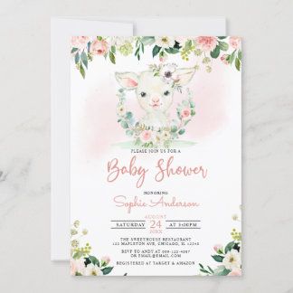 Invitation Baby shower d'agneau rose floral