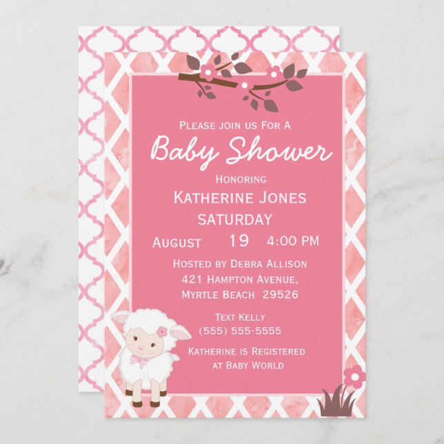 Invitation Baby shower d'agneau rose floral (Devant / Derrière)