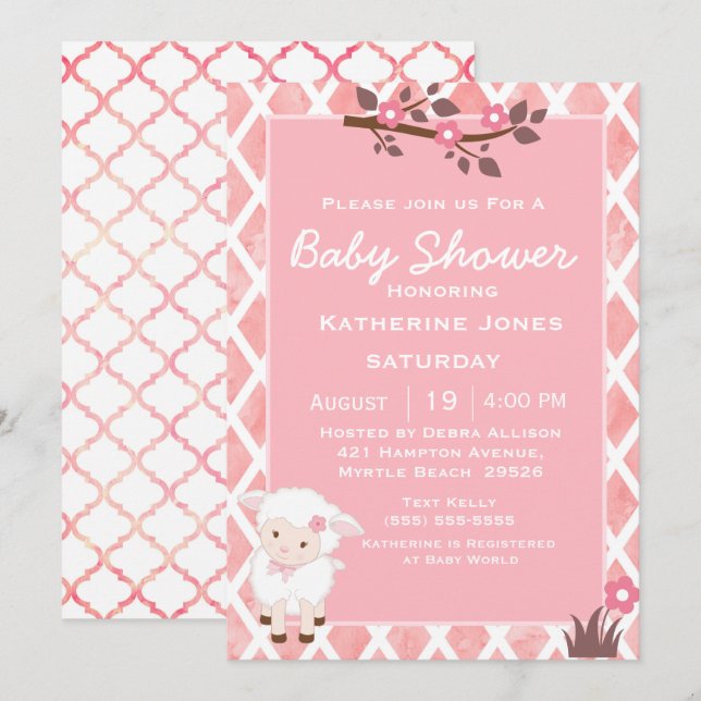 Invitation Baby shower d'agneau rose floral (Devant / Derrière)