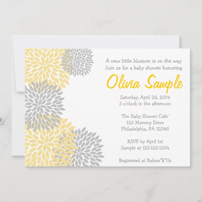 Invitation Baby shower Dahlia Jaune et Grey (Devant)
