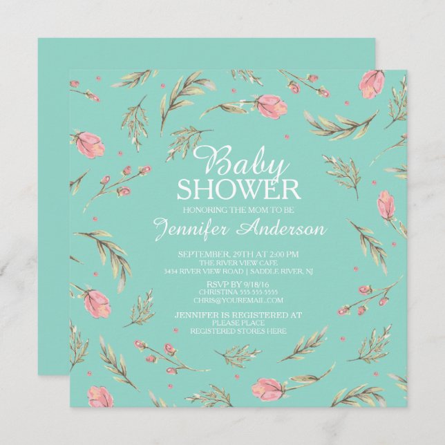Invitation Baby shower Dainty Rose Roses filles (Devant / Derrière)