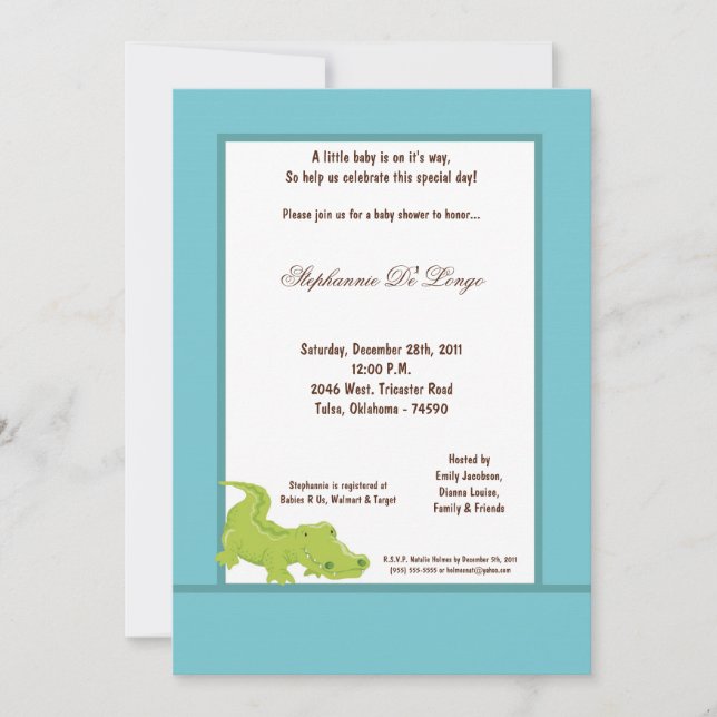 Invitation Baby shower d'Aligator bleu 5x7 (Devant)