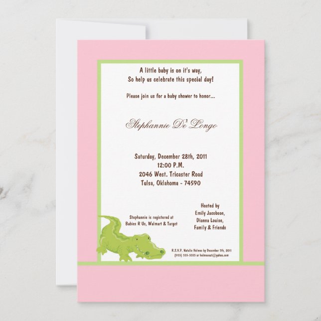 Invitation Baby shower d'Aligator rose 5x7 (Devant)