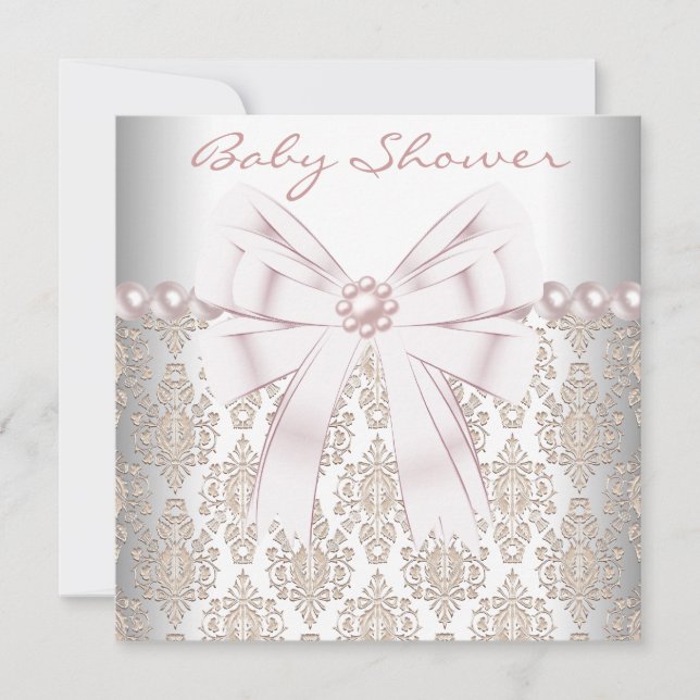 Invitation Baby Shower Damask Perle Rose (Devant)