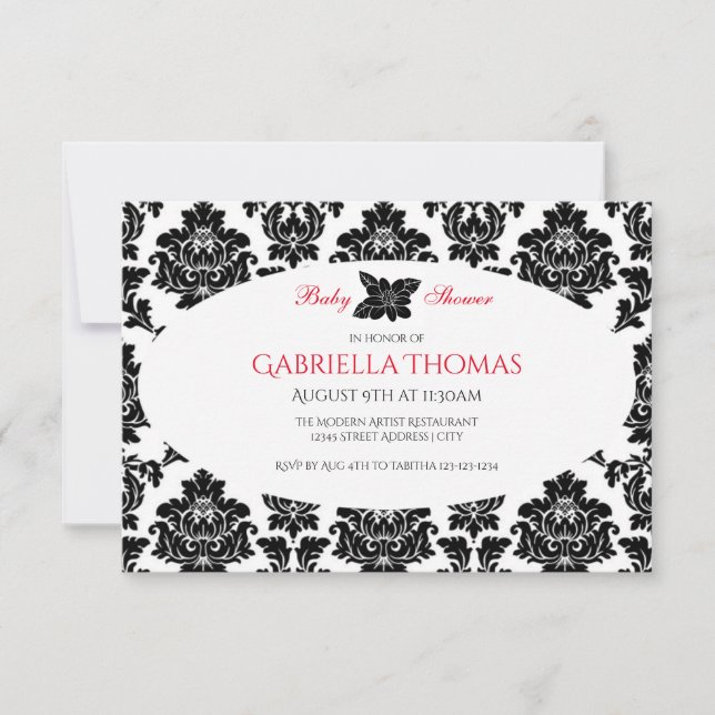 Invitation Baby Shower - Damassé Noir & Fleur - 3x (Devant)