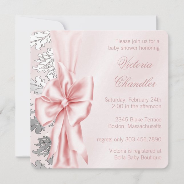 Invitation Baby Shower Damassé Rose et Gris (Devant)