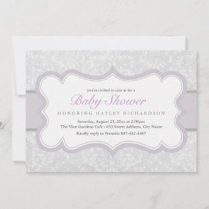 Invitation Baby shower damassé violet et gris élég