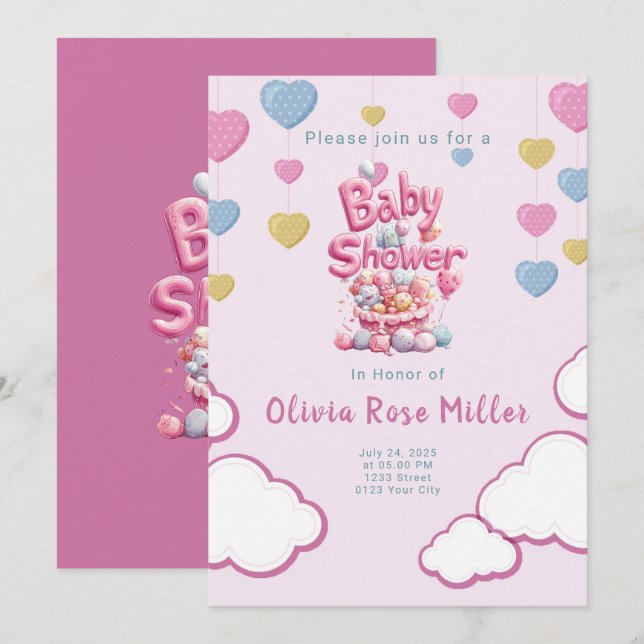 Invitation Baby shower d'amour rose (Devant / Derrière)
