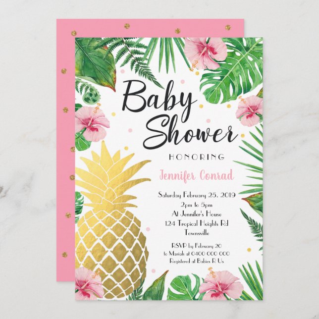 Invitation Baby shower d'ananas en or, Tropical (Devant / Derrière)
