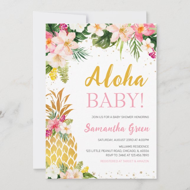 Invitation Baby shower d'ananas rose floral (Devant)