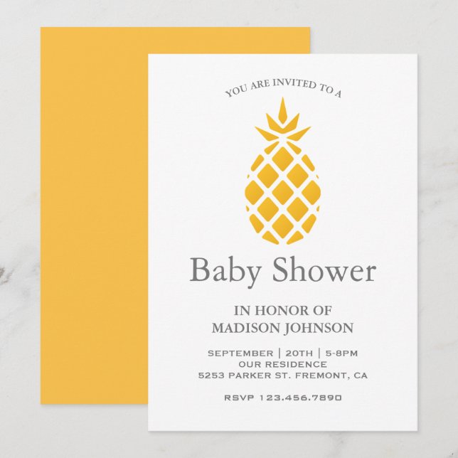Invitation Baby shower d'ananas tropical jaune frais (Devant / Derrière)