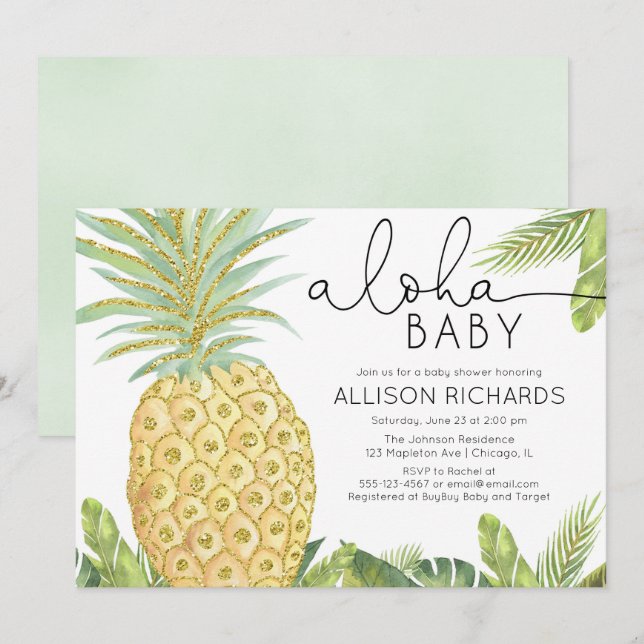 Invitation baby shower d'ananas tropical neutre (Devant / Derrière)