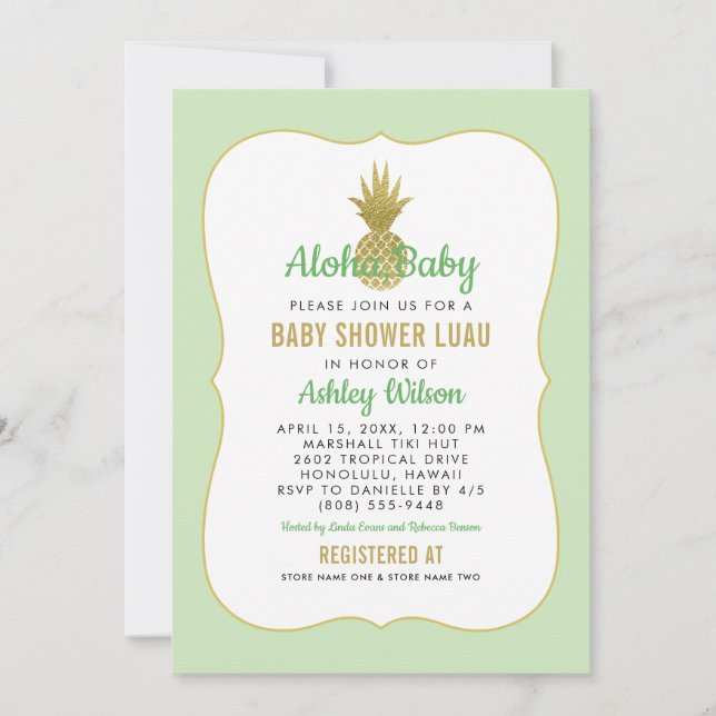 Invitation Baby shower d'ananas vert tropical Luau (Devant)