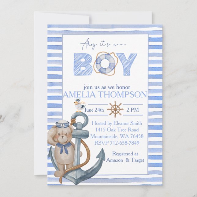 Invitation Baby shower d'ancrage de l'ours nautique bleu aqua (Devant)