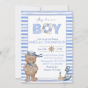 Invitation Baby shower d'ancrage de l'ours nautique bleu aqua