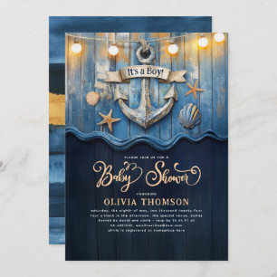 Invitation Baby shower d'Ancre bleu et or de la marine nautiq