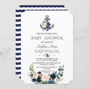 Invitation Baby shower d'Ancre floral bleu rose marine